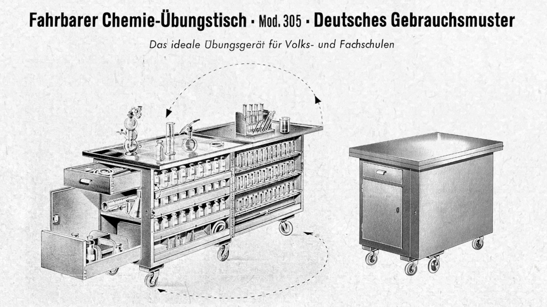Bild: 1954 | Raffinierter ausklappbarer Chemie-Übungstisch – natürlich mobil